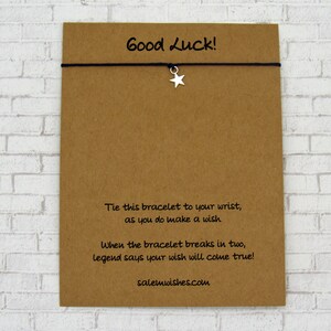 May include: A brown card with the text "Good Luck!" and instructions to tie the bracelet to your wrist and make a wish. When the bracelet breaks, legend says your wish will come true. The website salemwishes.com is printed at the bottom of the card.