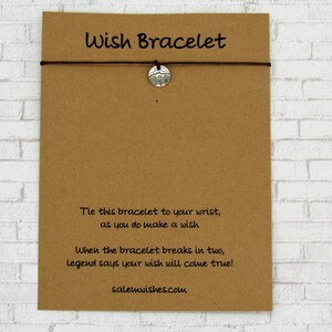 May include: A brown card with the text "Wish Bracelet" printed on it. The card has instructions on how to use the bracelet: "Tie this bracelet to your wrist, as you do make a wish. When the bracelet breaks in two, legend says your wish will come true!" The card also includes the website address "salemwishes.com".