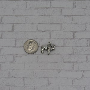 May include: A silver-toned metal charm shaped like a bison, featuring a small loop at the top for attachment. The charm is positioned next to a United States dime, which measures approximately 0.705 inches in diameter, for scale reference.
