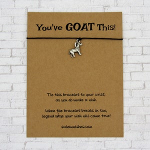 May include: A black string bracelet with a silver-toned goat charm attached to a brown card. The card features the text "You've GOAT This!" and instructions: "Tie this bracelet to your wrist, as you do make a wish. When the bracelet breaks in two, legend says your wish will come true!" and "salemwishes.com".