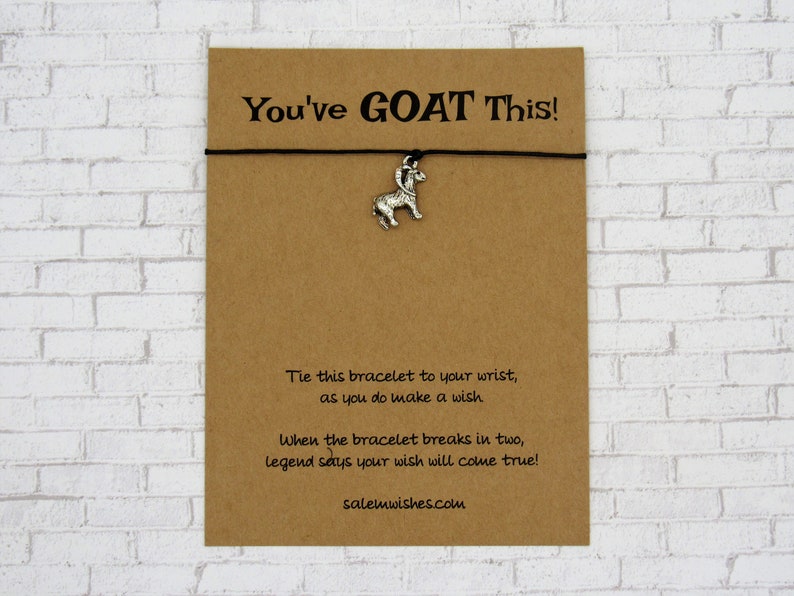 May include: A black string bracelet with a silver-toned goat charm attached to a brown card. The card features the text "You've GOAT This!" and instructions: "Tie this bracelet to your wrist, as you do make a wish. When the bracelet breaks in two, legend says your wish will come true!" and "salemwishes.com".