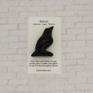 Pode incluir: Uma estatueta de corvo preto em um cart&atilde;o branco com o texto "Raven, Guidance Magic Wisdom." O cart&atilde;o tamb&eacute;m inclui instru&ccedil;&otilde;es e o site salemwishes.com. O corvo &eacute; uma escultura escura e brilhante.