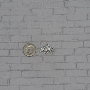 May include: A silver charm in the shape of a flying bat, next to a US dime for size comparison.