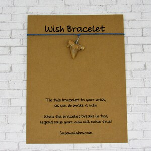 May include: A brown card with the text "Wish Bracelet" printed in blue. The card has a blue string with a fossilized shark tooth hanging from it. The text on the card reads: "Tie this bracelet to your wrist, as you do make a wish. When the bracelet breaks in two, legend says your wish will come true! Salemwishes.com"