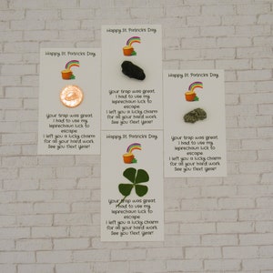 May include: Four white cards with a rainbow and pot of gold design. Each card has a different lucky charm attached: a coin, a black rock, a gold rock, and a four-leaf clover. The cards have the text "Happy St. Patricks Day" and a message about a leprechaun's luck.