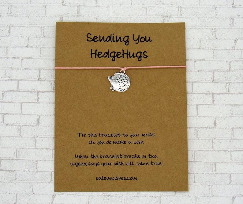 May include: A brown card with the text "Sending You HedgeHugs" and a pink string tied around it with a silver hedgehog charm. The card also includes the text "Tie this bracelet to your wrist, as you do make a wish. When the bracelet breaks in two, legend says your wish will come true! salemwishes.com".