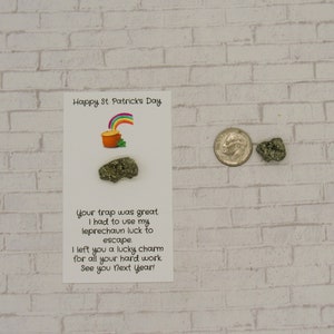 May include: A white card with a rainbow and a pot of gold illustration. The card reads "Happy St. Patrick's Day. Your trap was great. I had to use my leprechaun luck to escape. I left you a lucky charm for all your hard work. See you next year!" There are two small gold-colored rocks next to the card.