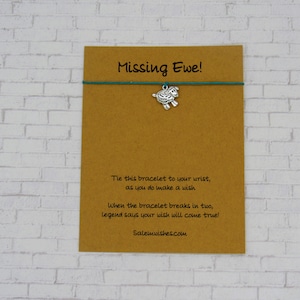 May include: A brown card with the text "Missing Ewe!" and a green string bracelet with a silver sheep charm. The card also includes instructions for making a wish and the website Salemwishes.com.