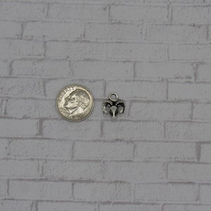 May include: Silver charm in the shape of a ram's head with horns. The charm is about the size of a US dime.