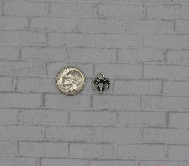 May include: Silver charm in the shape of a ram's head with horns. The charm is about the size of a US dime.