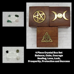 4 Piece Manifesting, Crystal Box Set, Intention Crystals, Manifesting Gift, Crystal Gift Set, Crystal Wood Box, Pentagram Box, Moon Box