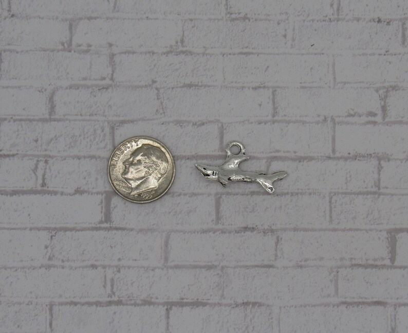 May include: A silver shark charm pendant, shown next to a US dime for size comparison.