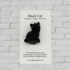 Op de afbeelding: Zwarte kattenbeeldje van zwart obsidiaan. Het beeldje zit op een witte kaart met de tekst "Black Cat Awareness Balance Protection Carry this black cat in your pocket, place it in a place of honour or rub it to feel its magical effects. www.salemwishes.com"