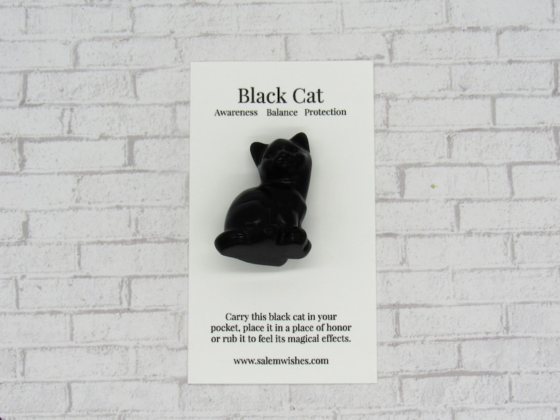 Op de afbeelding: Zwarte kattenbeeldje van zwart obsidiaan. Het beeldje zit op een witte kaart met de tekst "Black Cat Awareness Balance Protection Carry this black cat in your pocket, place it in a place of honour or rub it to feel its magical effects. www.salemwishes.com"