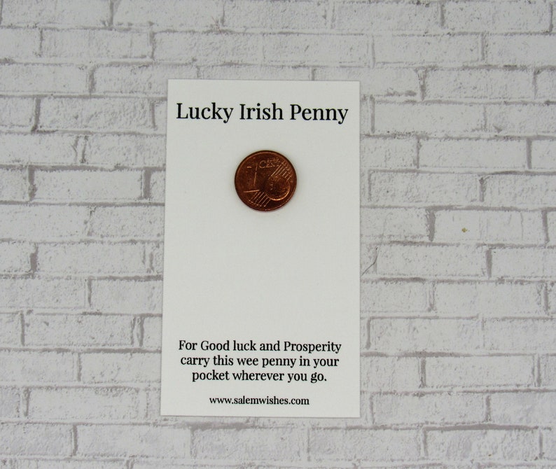 K&ouml;nnte beinhalten: Eine wei&szlig;e Karte mit dem Text "Lucky Irish Penny" und einem kupferfarbenen irischen Penny darauf. Die Karte enth&auml;lt auch den Text "For Good luck and Prosperity carry this wee penny in your pocket wherever you go. www.salemwishes.com".
