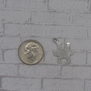 K&ouml;nnte beinhalten: Silberfarbener Metall-Puzzle-Anh&auml;nger mit einem Loch oben zum Anbringen an einer Halskette oder einem Armband. Der Anh&auml;nger ist etwa so gro&szlig; wie eine 10-Cent-M&uuml;nze.