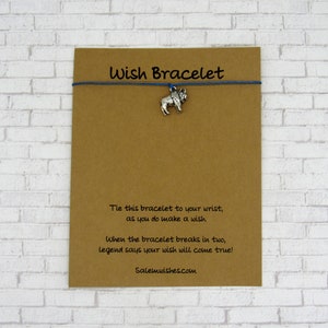 May include: A blue string bracelet featuring a small silver-toned lion charm attached to a brown card. The card displays the text Wish Bracelet, instructions to tie the bracelet while making a wish, and the website address Salemwishes.com.