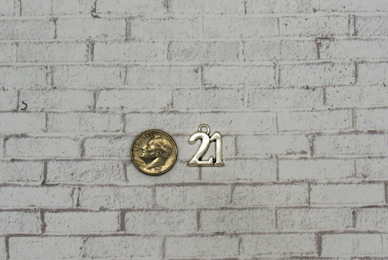 May include: A silver-colored charm with the number "21" next to a U.S. dime. The charm has a small loop at the top for attaching to a necklace or bracelet. The background is a white brick wall.