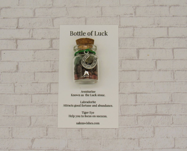 May include: A small glass bottle filled with various stones and a silver horseshoe charm. The bottle is labeled "Bottle of Luck" and includes a description of the stones: Aventurine, Labradorite, and Tiger Eye.
