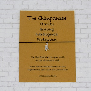 Peut inclure: Une carte brune avec le texte "The Chimpanzee" et une liste de mots : Clarté, Guérison, Intelligence, Protection. Un charme argenté en forme de chimpanzé pend à un bracelet en cordon noir.