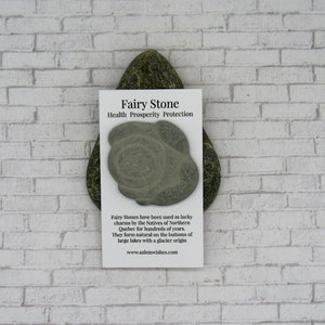 Pode incluir: Uma pedra de fada cinzenta, com o texto "Fairy Stone Health Prosperity Protection" num cart&atilde;o branco. O cart&atilde;o &eacute; colocado numa pedra verde escura. A pedra est&aacute; sobre um fundo de tijolos brancos. O cart&atilde;o tamb&eacute;m tem texto sobre a origem da pedra.