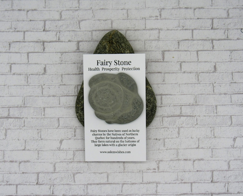 Pode incluir: Uma pedra de fada cinzenta, com o texto "Fairy Stone Health Prosperity Protection" num cart&atilde;o branco. O cart&atilde;o &eacute; colocado numa pedra verde escura. A pedra est&aacute; sobre um fundo de tijolos brancos. O cart&atilde;o tamb&eacute;m tem texto sobre a origem da pedra.