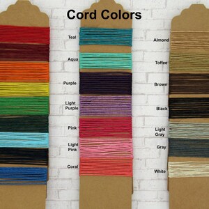 May include: A color chart of cord colors, with names listed for each color. The colors include red, cranberry, orange, yellow, bright green, green, light blue, navy, blue, teal, aqua, purple, light purple, pink, light pink, coral, almond, toffee, brown, black, light gray, gray, and white.