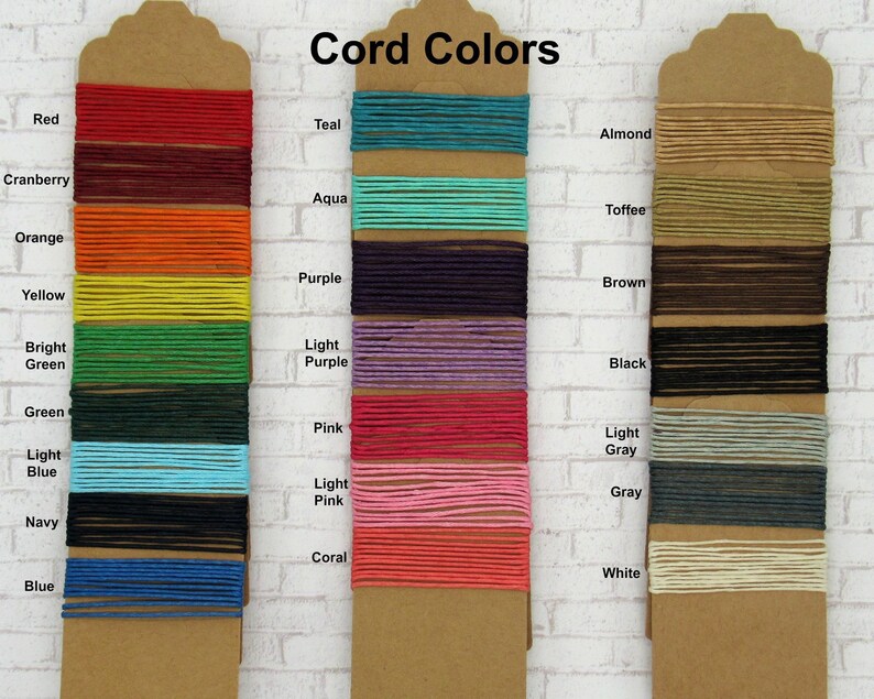 May include: A color chart of cord colors, with names listed for each color. The colors include red, cranberry, orange, yellow, bright green, green, light blue, navy, blue, teal, aqua, purple, light purple, pink, light pink, coral, almond, toffee, brown, black, light gray, gray, and white.