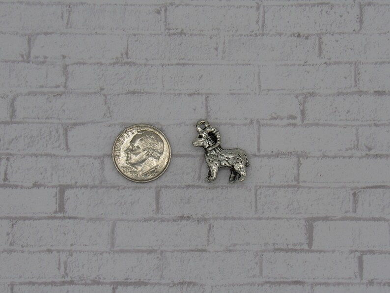 May include: A silver-toned metal charm shaped like a ram with curled horns. The charm is about the size of a US dime.