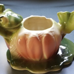 May include: A ceramic frog-shaped planter with a light green head and a pink and cream-colored body. The planter has a round opening and sits on a green lily pad base. The frog's eyes are black, and the overall design is whimsical.