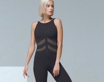 Combinaison de yoga YOX noire (taille M), salopette pour le fitness, la danse, la gymnastique, l'étirement, le yoga, le sport, l'unitard pour le pilates