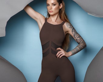 Brown (Size XS) designer jumpsuit for fitness, dance, gymnastics, stretching, yoga, sports, overalls for pilates, dancing