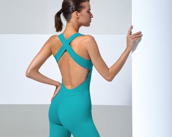 Turquoise (Size S)  stylish and comfortable YOX yoga jumpsuit, overalls for fitness, dance, gymnastics, stretching, yoga, sports, pilates