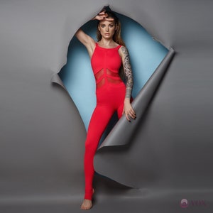 Red designer (Size M) YOX yoga jumpsuit.  It is perfect for yoga, dancing, gymnastics and other stretching sports