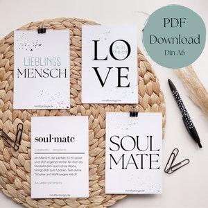 Descargar conjunto de tarjetas persona favorita, descarga en PDF, tarjetas de cumpleaños, postales, postal definición alma gemela, tarjeta para mejor amigo