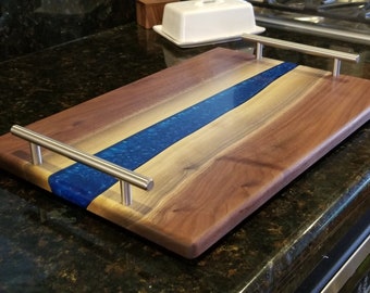 Serving Tray, charcuterie Board, Personalized, Cutting Board, Live Edge, Epoxy, With Large Stainless Handles, Free Shipping