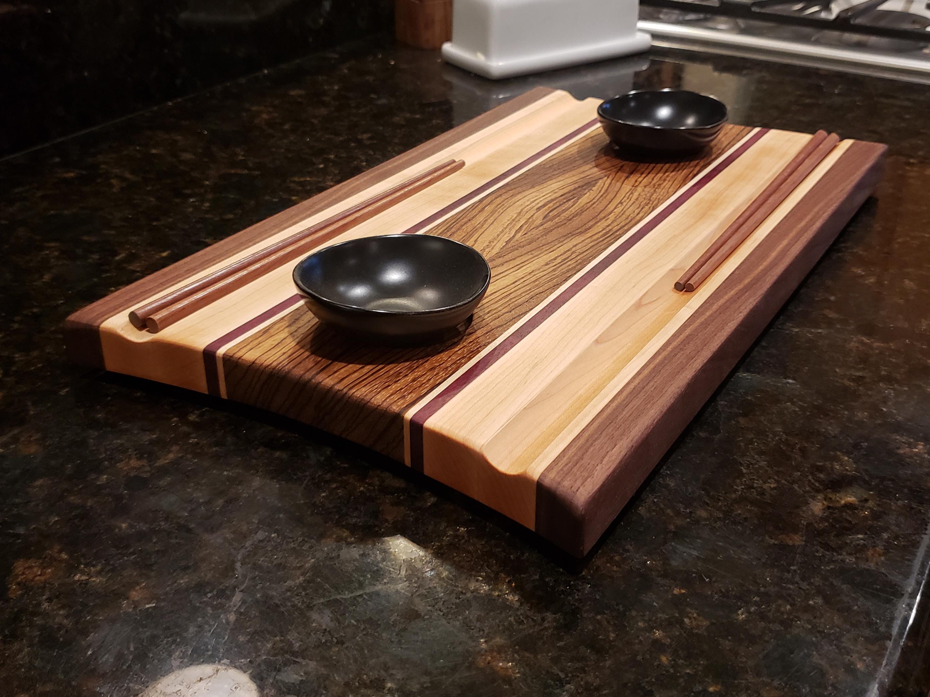 Exotic Hardwood Sushi Board Set: Personalized Serving Tray with Chopsticks