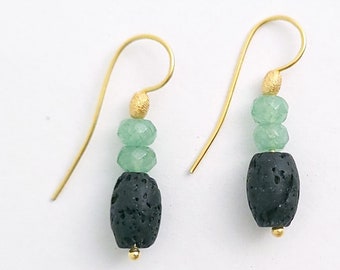 Earrings light green jade gilded with lava and silver