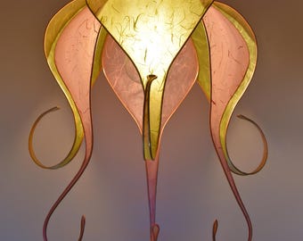 Paper Flower Lampshade in Pink and Green |  for Ceiling or Floor Lamps |  Fantasy Elven Style |  Unique Handmade Decor