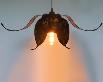 Minimalistic flower-shaped lampshade in gothic black and brass colors, with beetle pattern - unique sculpture handmade