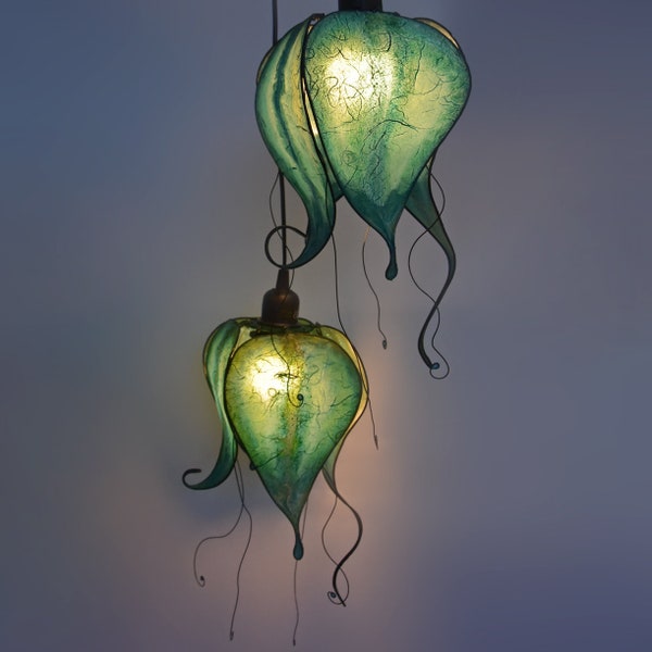 Set van 2 mini-lampenkappen in blauw en turkoois | Schaduwen voor plafond-, tafel- of vloerlampen | Fantasie zeemeerminstijl | Uniek handgemaakt decor