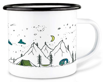 May include: White enamel camping mug with a black rim and handle. The mug features a whimsical illustration of a mountain scene with a tent, camper, trees, and a crescent moon. The design includes stars and clouds.