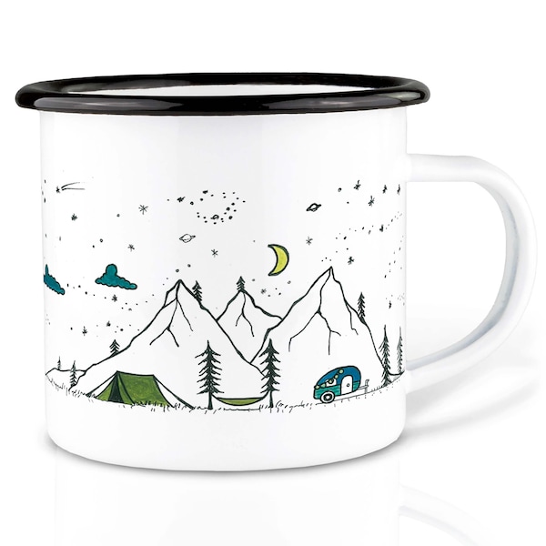 Emaille Tasse (leicht & robust) | »Camping Life« I Camping Becher handveredelt in Deutschland | Cup, Kaffeetasse, Emaillebecher