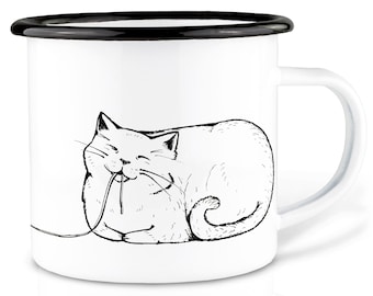 Enamel cup (light & robust) | »Spacatti« the cat I camping mug hand-finished in Germany | Cup, coffee cup, enamel mug