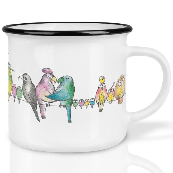 Keramik Tasse (Retro Design) | »Vogelparade« | Bunte Vögel | handveredelt in Deutschland | Cup, Kaffeetasse, Becher | spülmaschinenfest