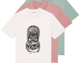 Bedrucktes T-Shirt Unisex | "Chipseichhörnchen" | FairWear, Bio-Baumwolle | Hochwertiges, lustiges Shirt (Design von H. Ligeti)