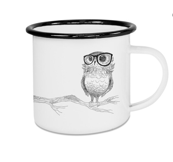 Ligarti Kaffeebecher mit Kunstdruck Brilleneule Campingtasse Emaille