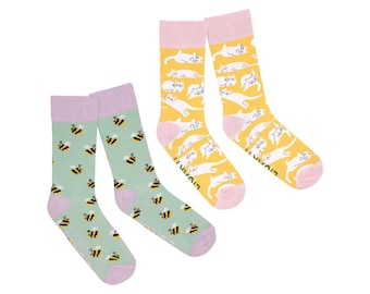 Juego de calcetines de 2 | “Abejas y gatos”| Calcetines de algodón coloridos y divertidos | Fabricado en la UE | Medias estampadas con animales | Unisexo