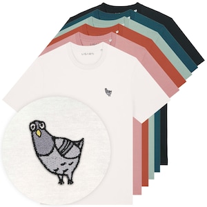 Besticktes T-Shirt Unisex | "Claude" die Taube | FairWear, Bio-Baumwolle | Hochwertiges, nachhaltiges Shirt (Design von H. Ligeti)