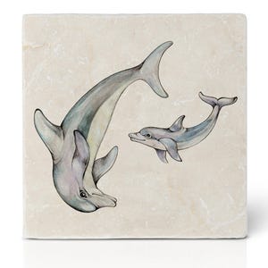 Könnte beinhalten: Eine quadratische Steinfliese mit einer handgezeichneten Illustration von zwei Delfinen. Ein größerer Delfin ist vertikal positioniert, während ein kleinerer Delfin horizontal daneben schwimmt. Die Delfine sind in Grau- und Blautönen gehalten.